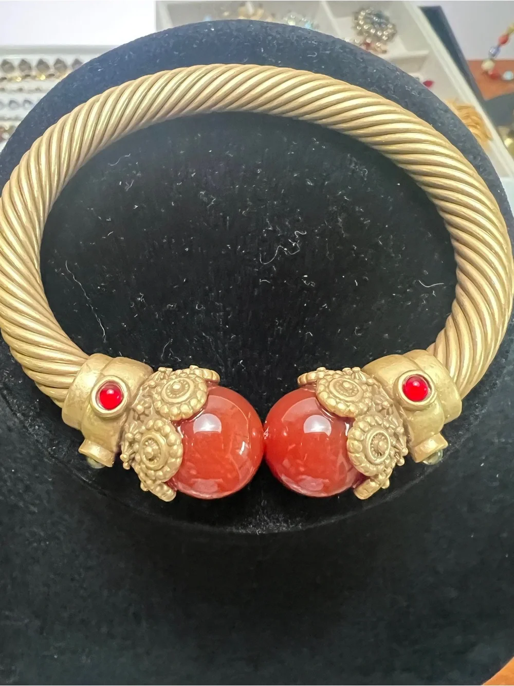Gold-Tone Twisted Open Cuff with Red Agate Orbs